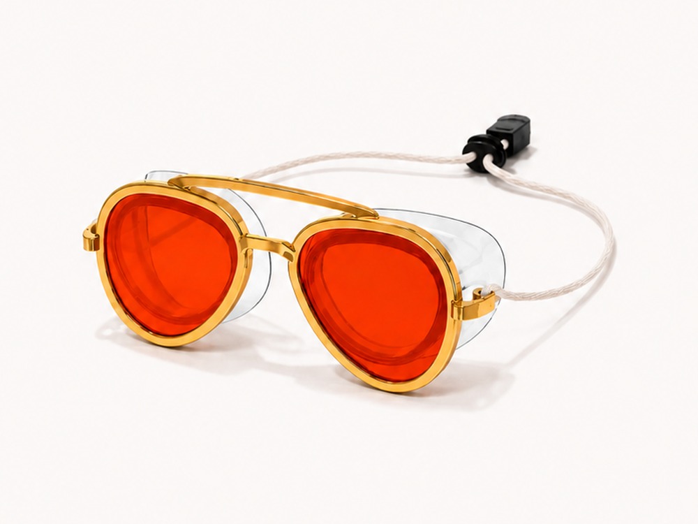 WaterLens goggles with gold frame and sunset orange lenses