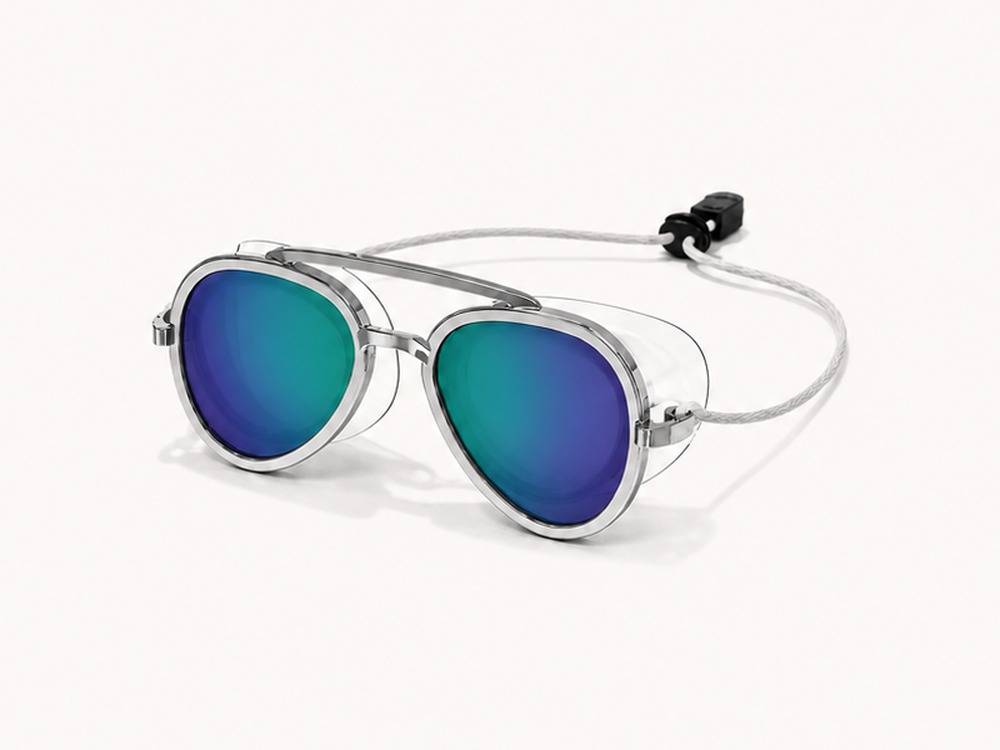 WaterLens goggles with silver frame and mirrored blue-green lenses